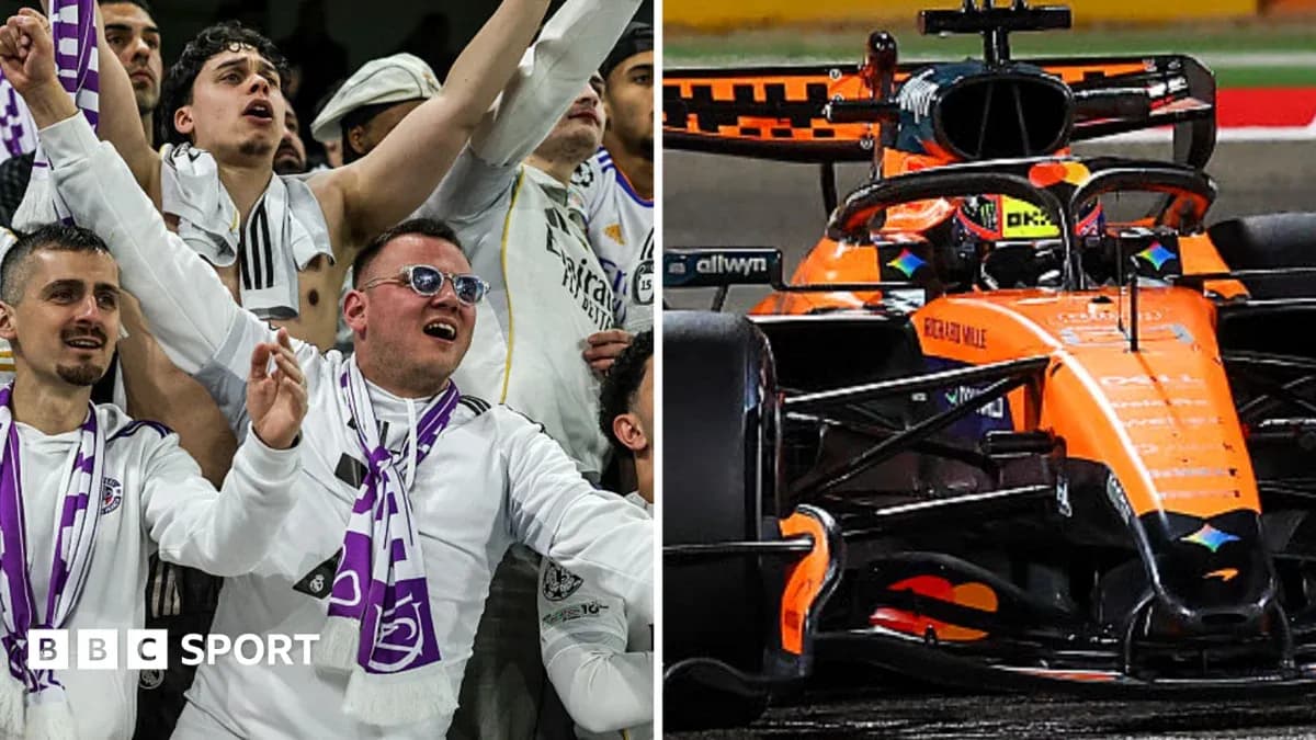 Fans celebrating on the left, McLaren car on track right