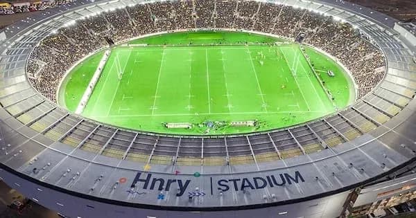 Aerial view of Hnry Stadium during a rugby match