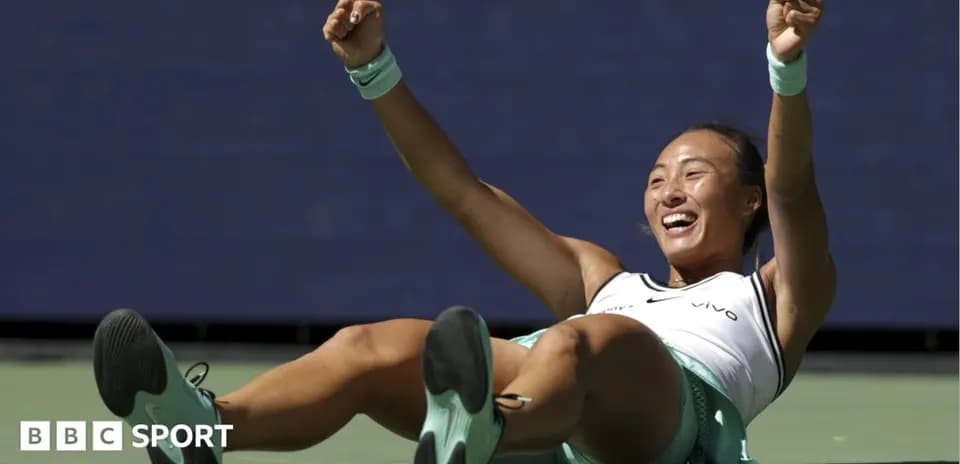 Tennis player celebrating on the court after match