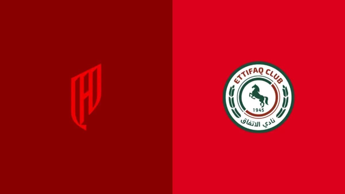 Logos of two football clubs on red background