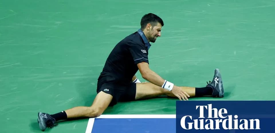 Novak Djokovic stretching on tennis court surface