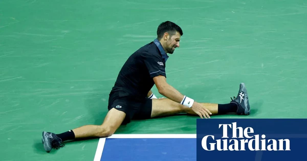 Novak Djokovic stretching on tennis court surface