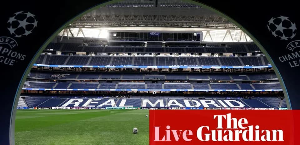View of stadium with Real Madrid signage and UEFA logo