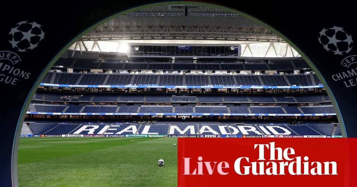 View of stadium with Real Madrid signage and UEFA logo