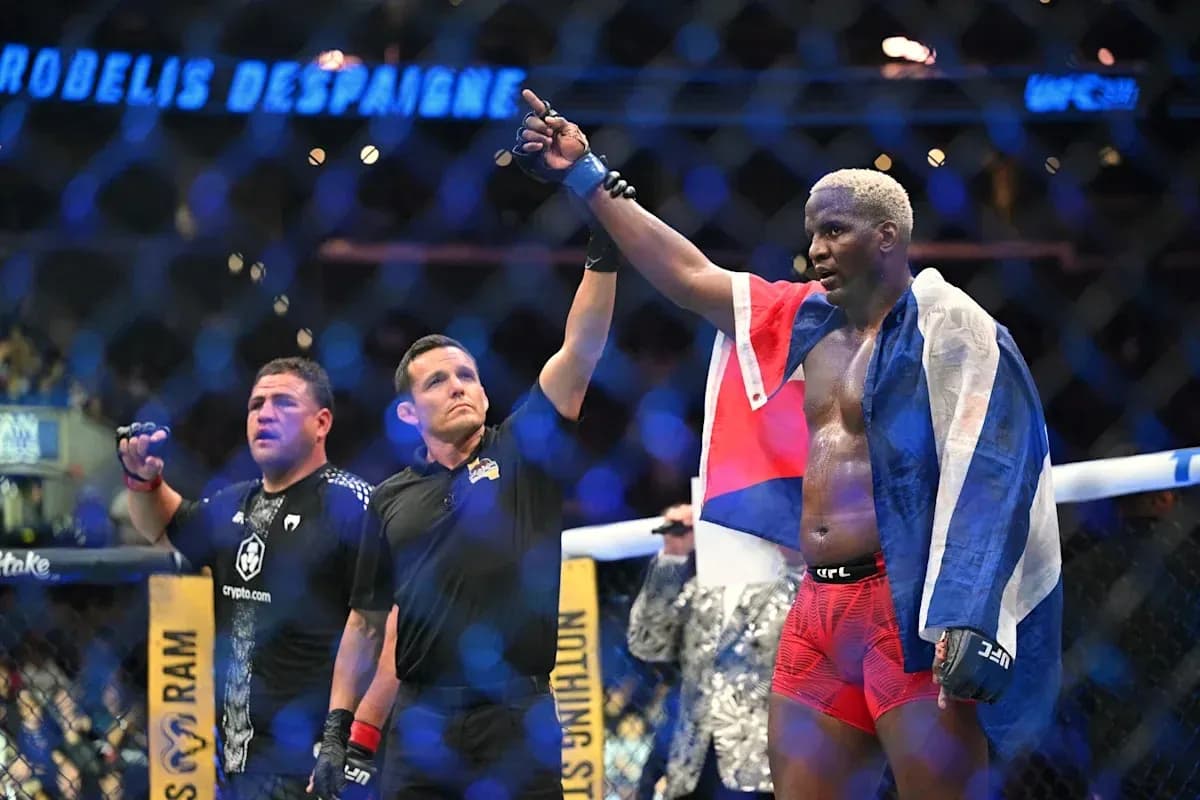 Fighter celebrating victory with flag in octagon