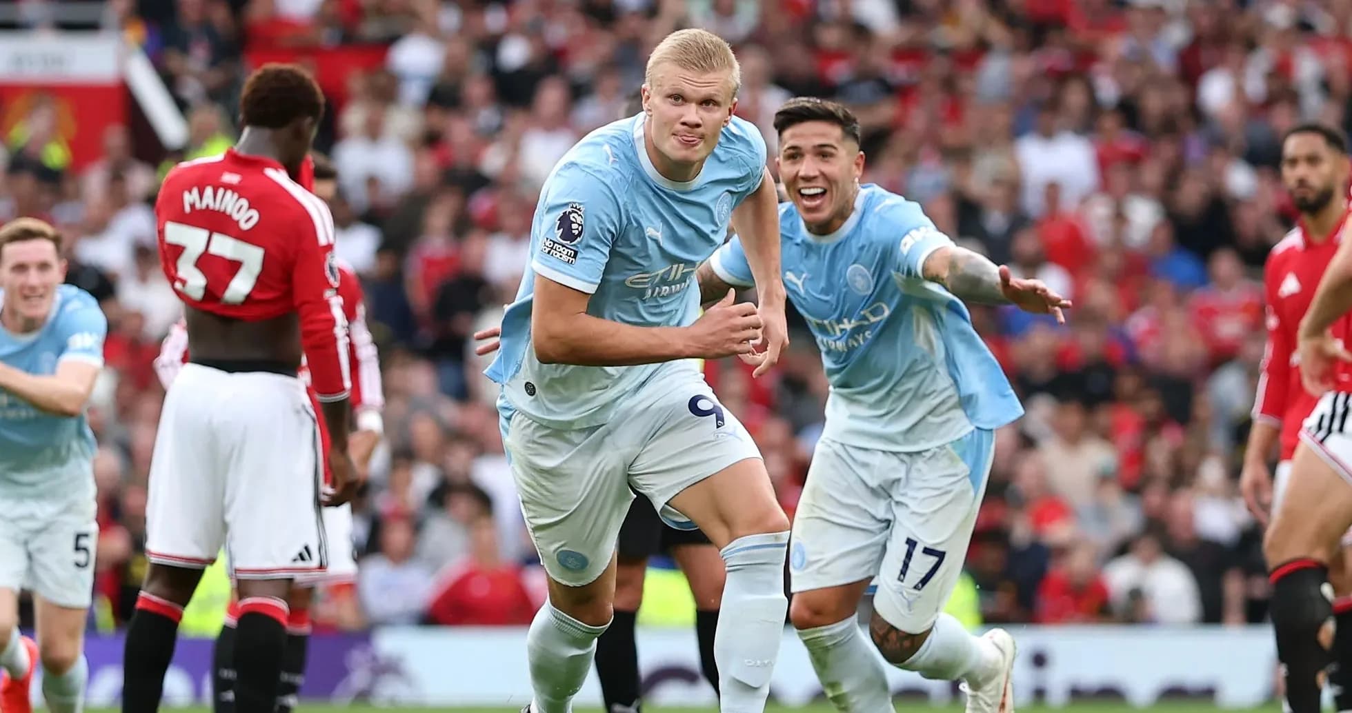 Manchester City players celebrating a goal during match