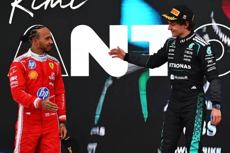 Lewis Hamilton and George Russell at podium ceremony