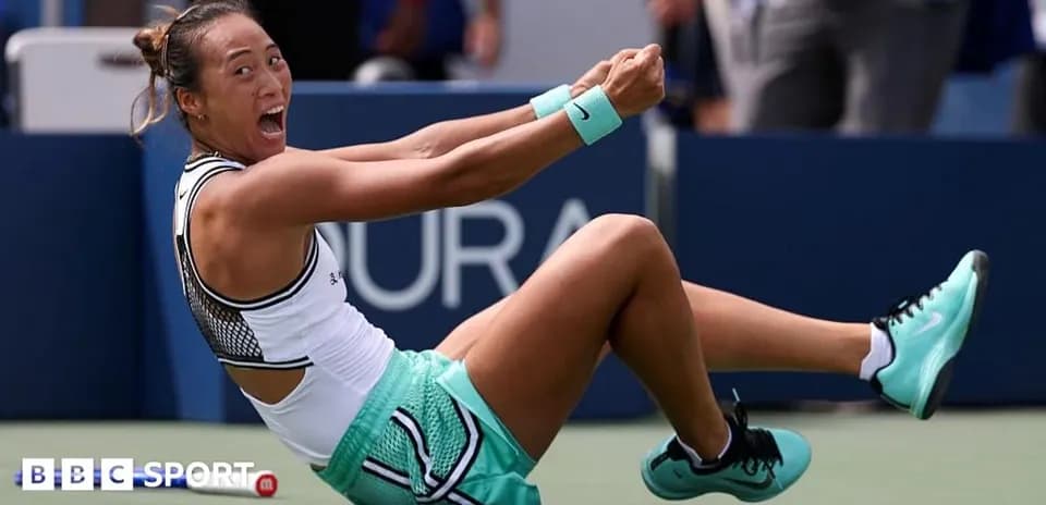 Tennis player celebrating on the court after victory