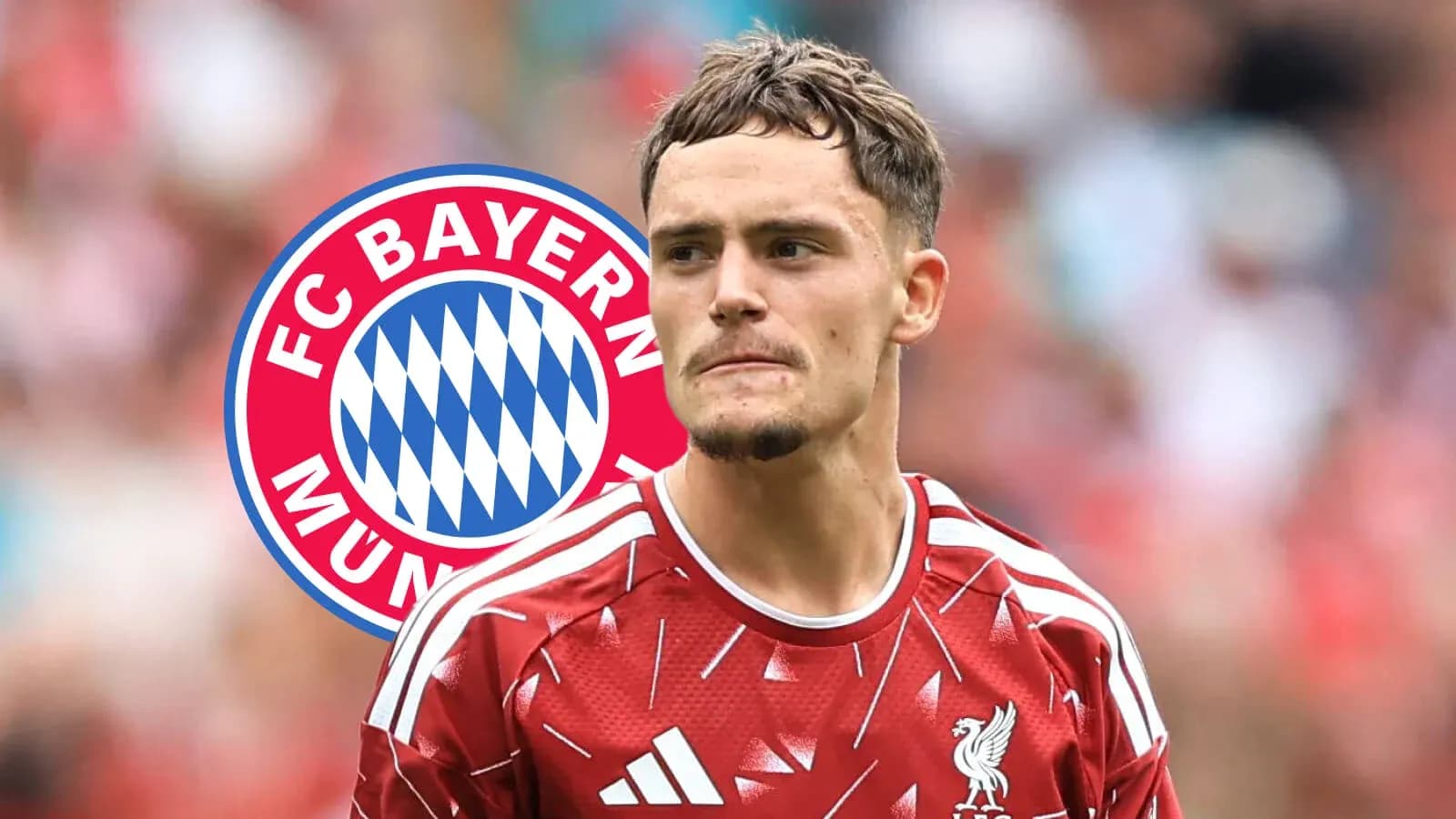 Player in Liverpool kit with Bayern Munich logo background