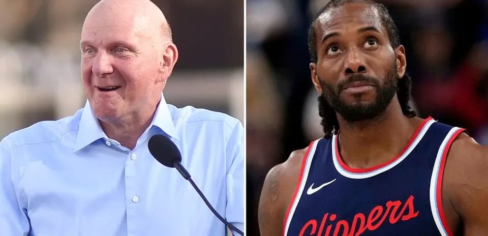 Steve Ballmer speaking; Kawhi Leonard in Clippers uniform