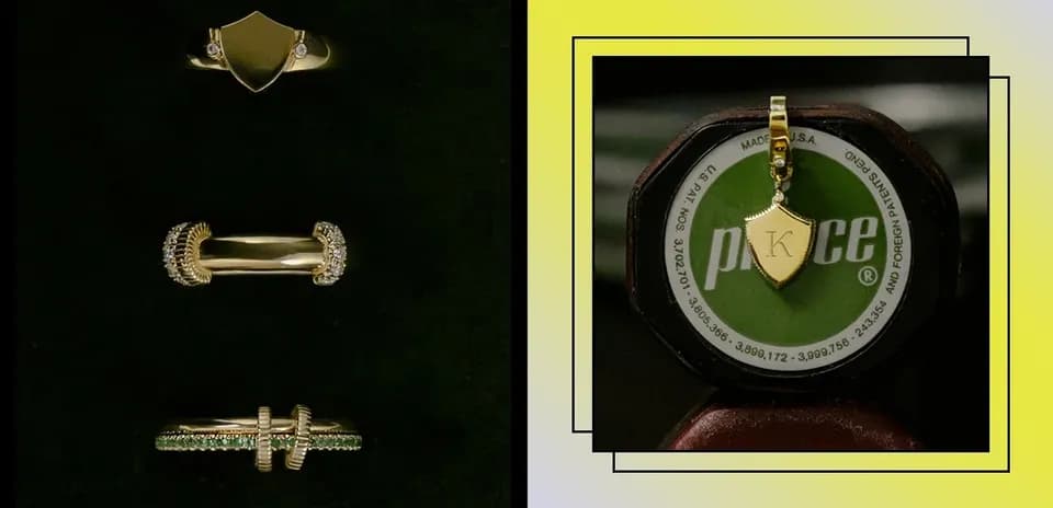 Collection of gold jewelry displayed on dark background