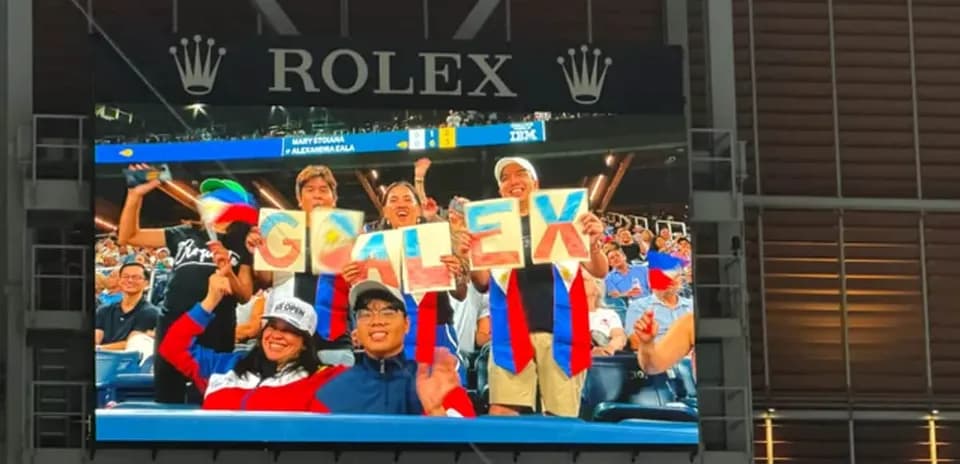 Fans holding signs supporting player Alex during match