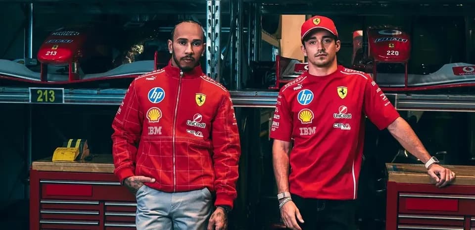 Lewis Hamilton and Charles Leclerc in Ferrari attire
