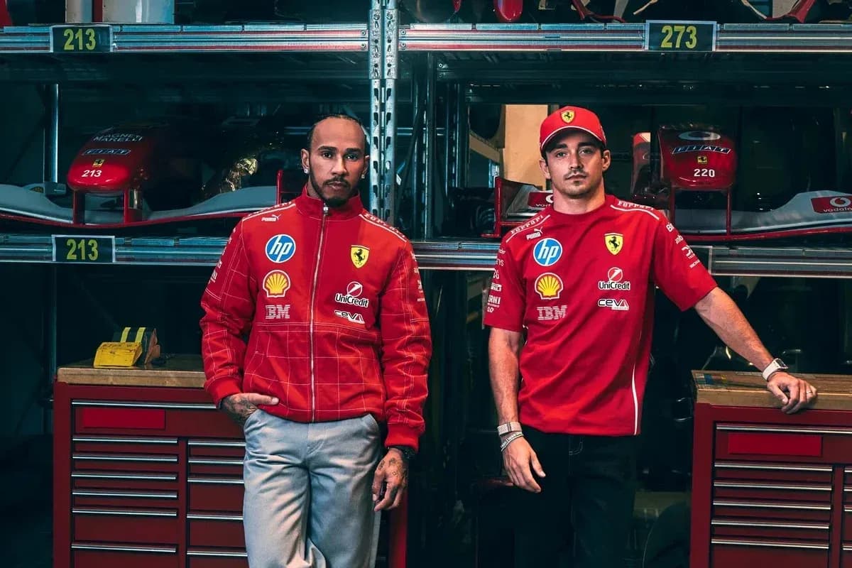 Lewis Hamilton and Charles Leclerc in Ferrari attire