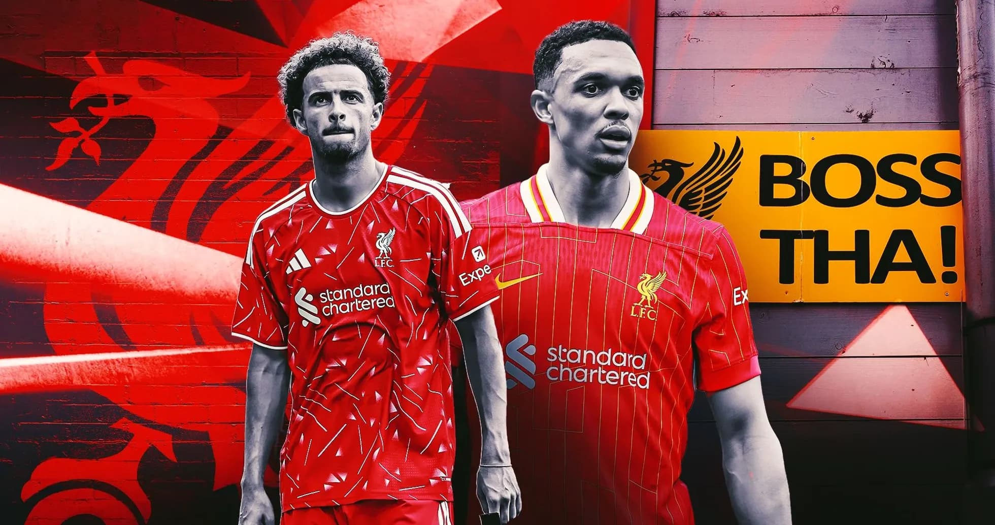 Two Liverpool players in home kits against red background
