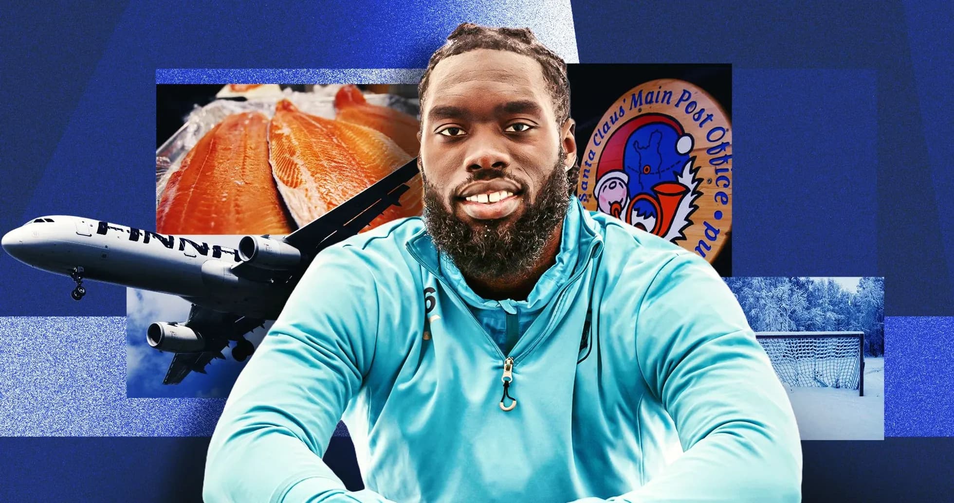 Athlete posing with various thematic background images