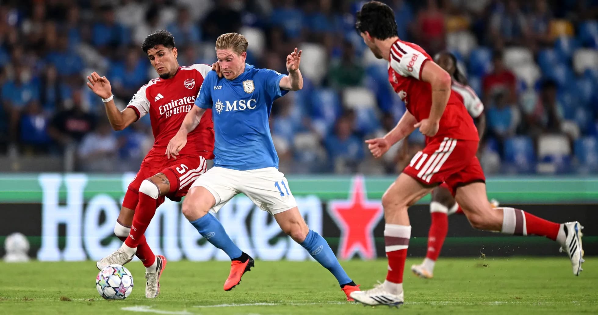 Players contesting the ball during a match