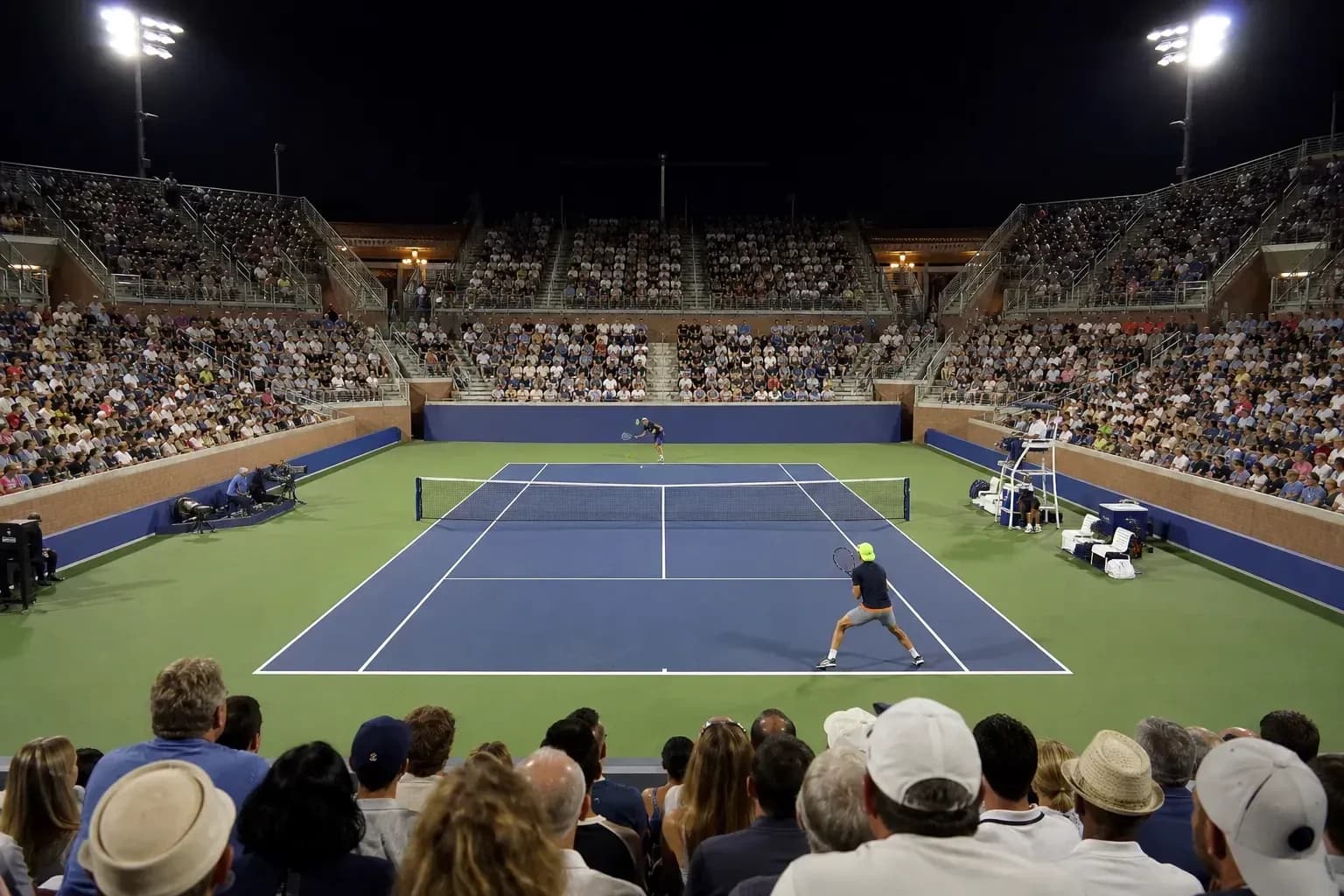 Tennis match at night with large audience present