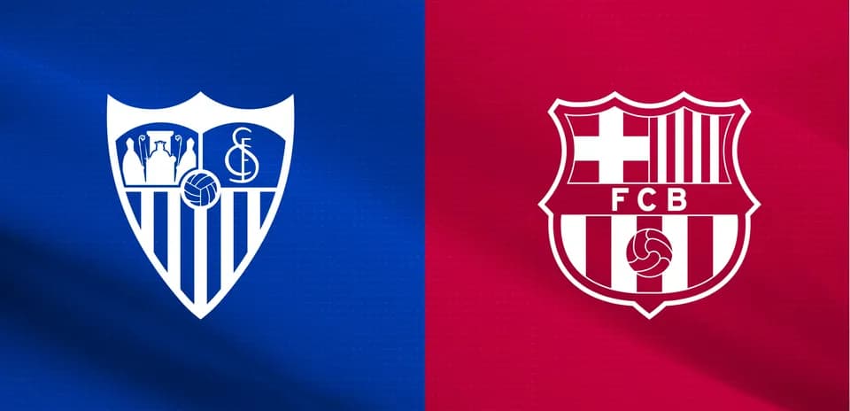 Logos of Sevilla FC and FC Barcelona on flags