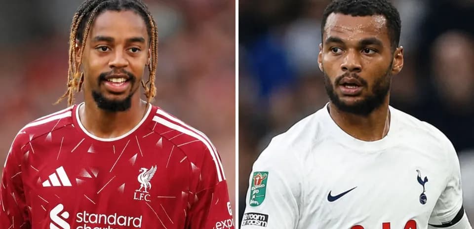 Two football players in team jerseys, Liverpool and Tottenham