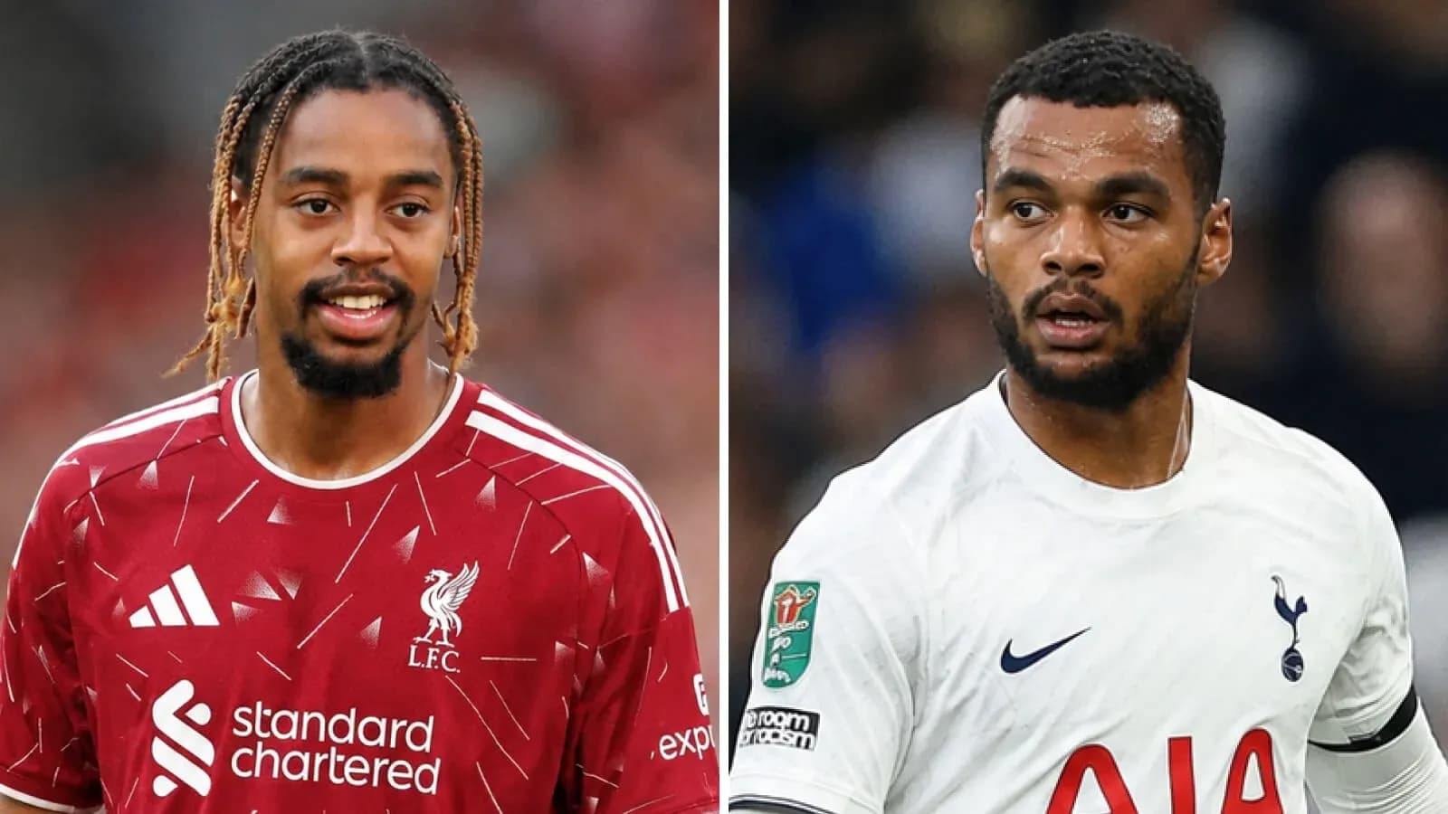 Two football players in team jerseys, Liverpool and Tottenham