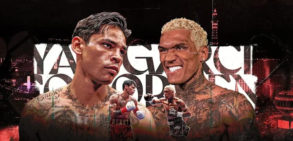 Boxers face-off with city skyline background