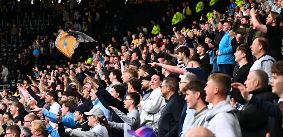Crowd of fans cheering in the stadium stands