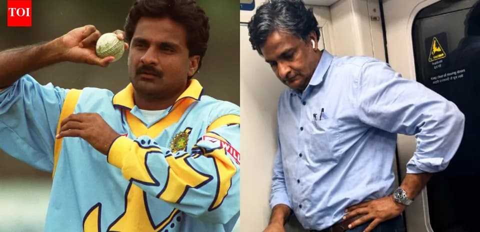 Former cricketer holding a ball, then commuting