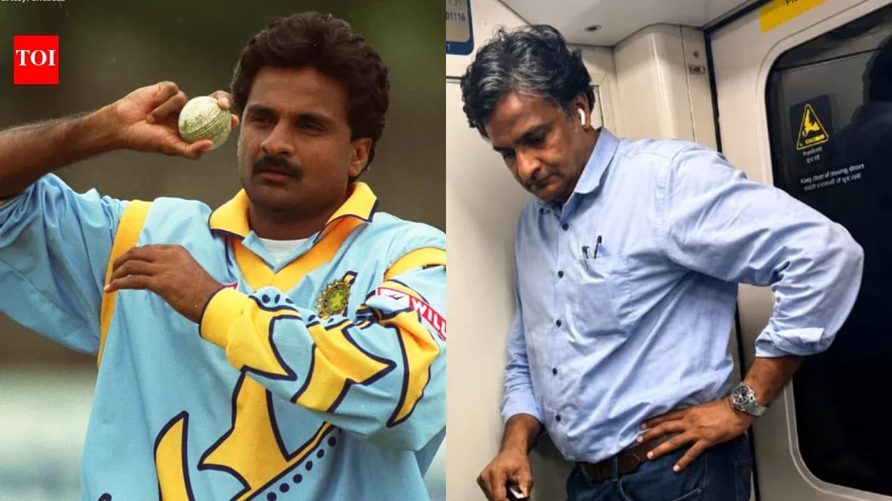 Former cricketer holding a ball, then commuting