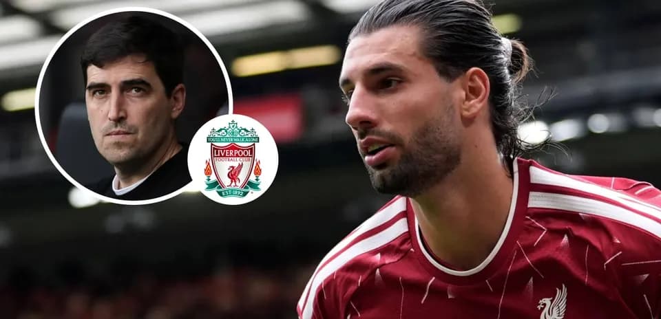 Liverpool player in action with coach's image and logo