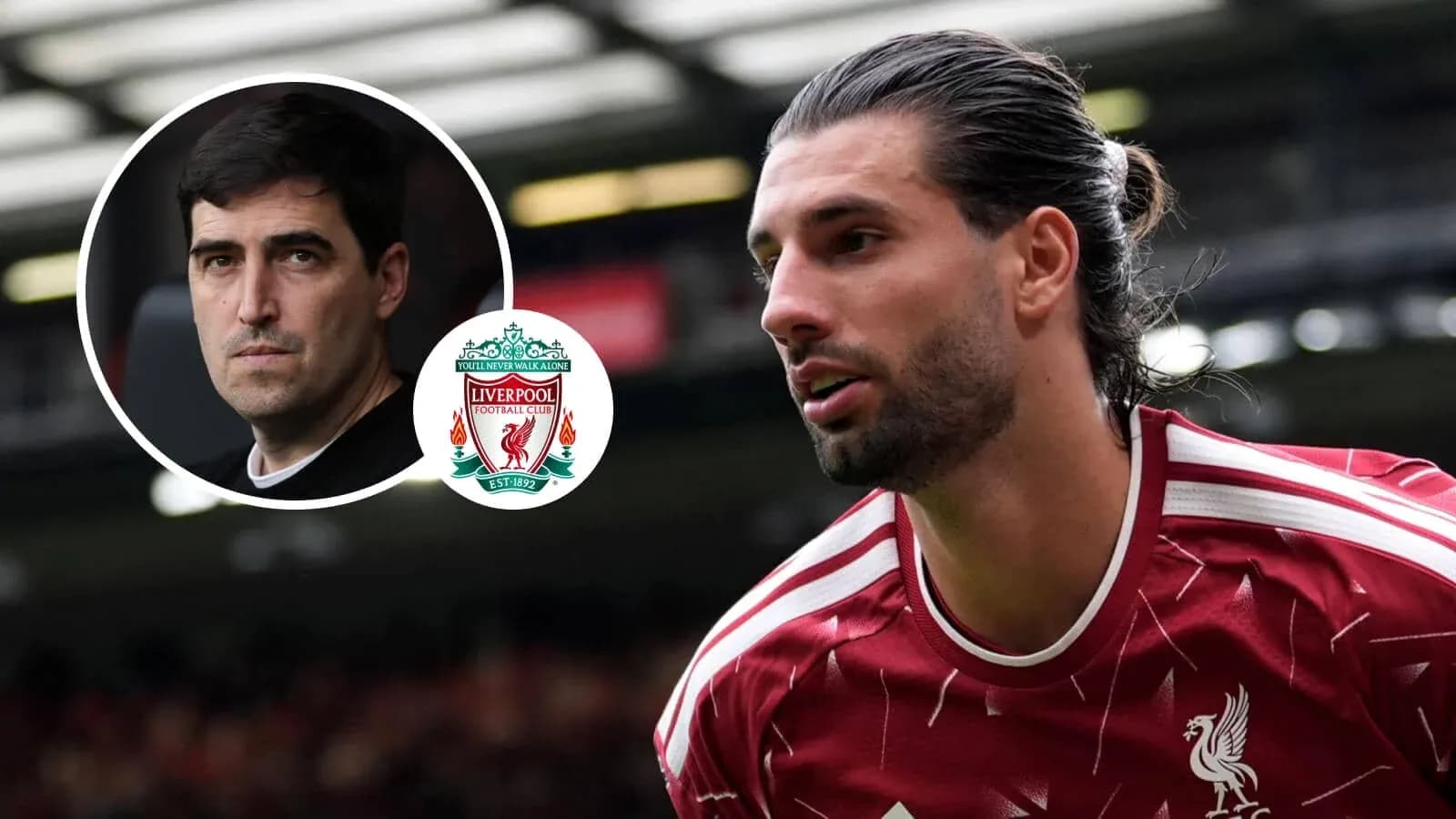 Liverpool player in action with coach's image and logo