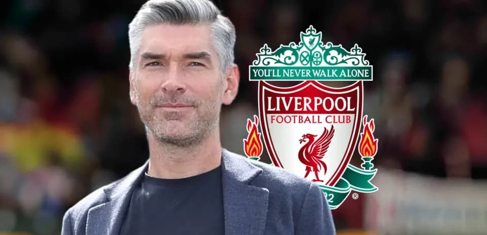Individual posing with Liverpool FC logo in background