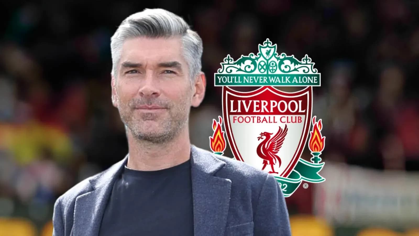 Individual posing with Liverpool FC logo in background