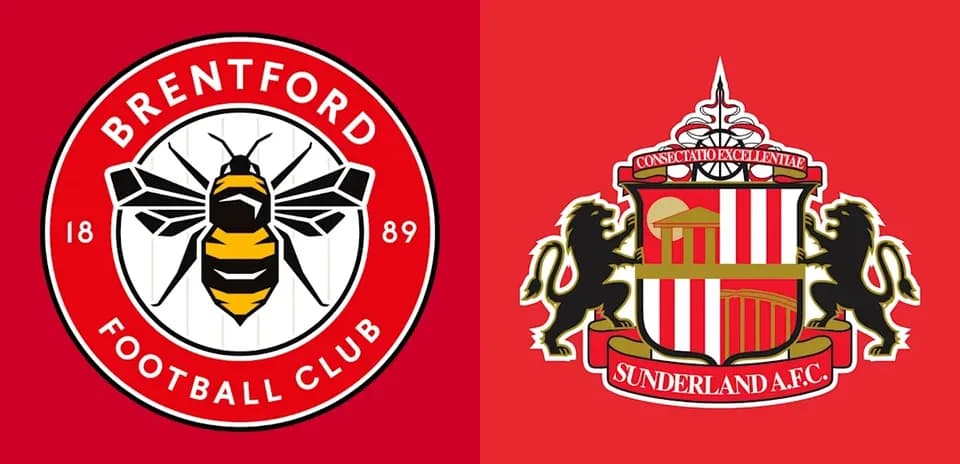 Logos of Brentford FC and Sunderland AFC on red background