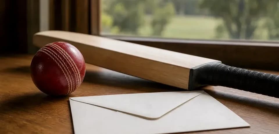 Cricket bat, ball, and envelope on wooden surface