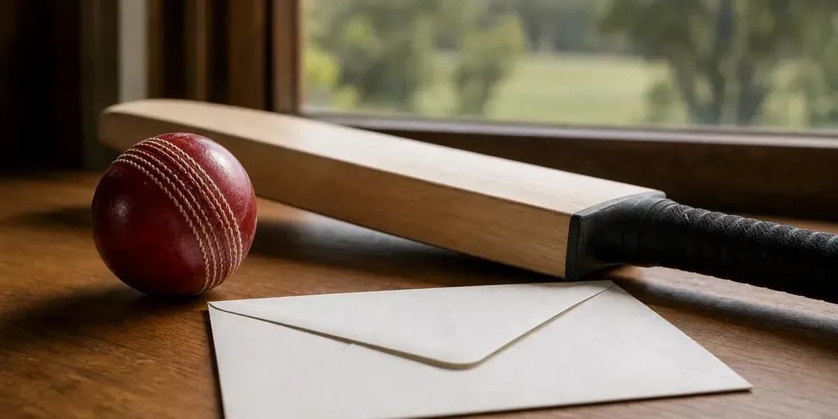 Cricket bat, ball, and envelope on wooden surface