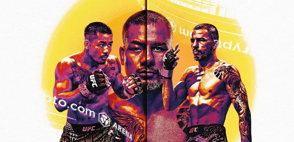 Three fighters in UFC promotional artwork