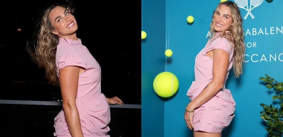 Woman in pink dress posing with tennis balls