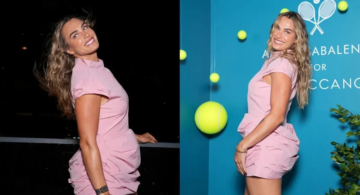 Woman in pink dress posing with tennis balls