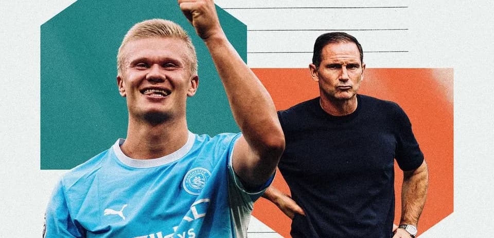 Erling Haaland celebrating with Frank Lampard in background