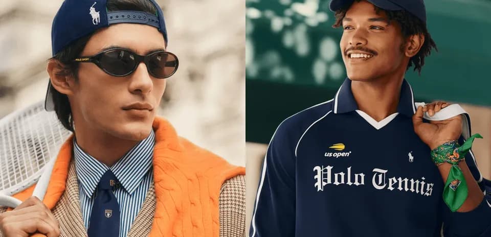 Two models showcasing tennis-themed fashion outfits