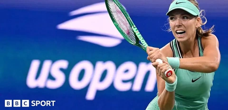 Female player swinging racket at US Open match