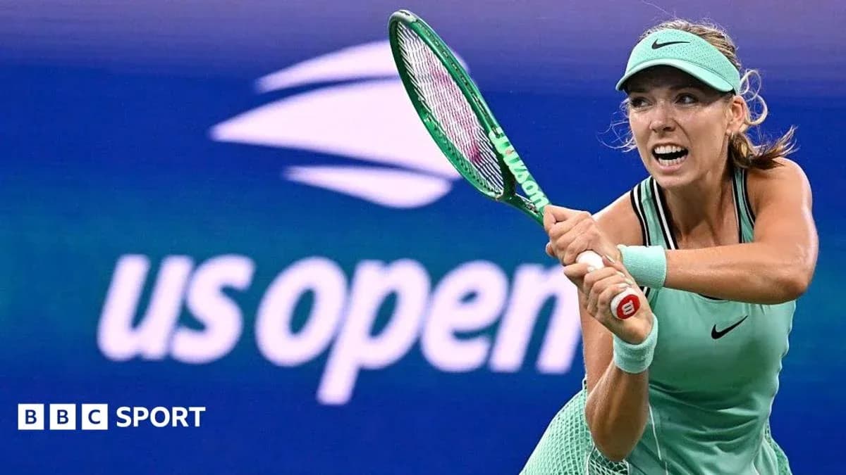 Female player swinging racket at US Open match