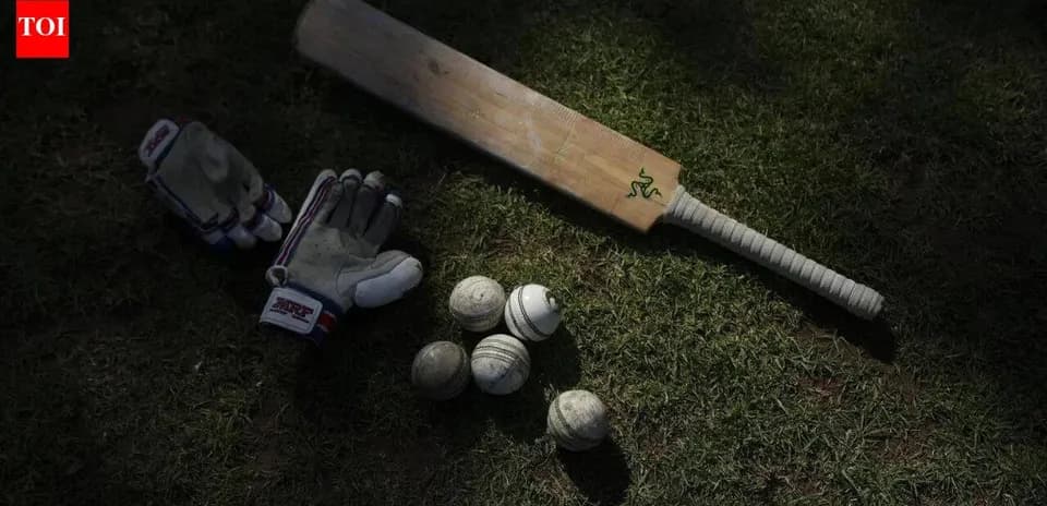 Cricket bat and gloves on grass with balls