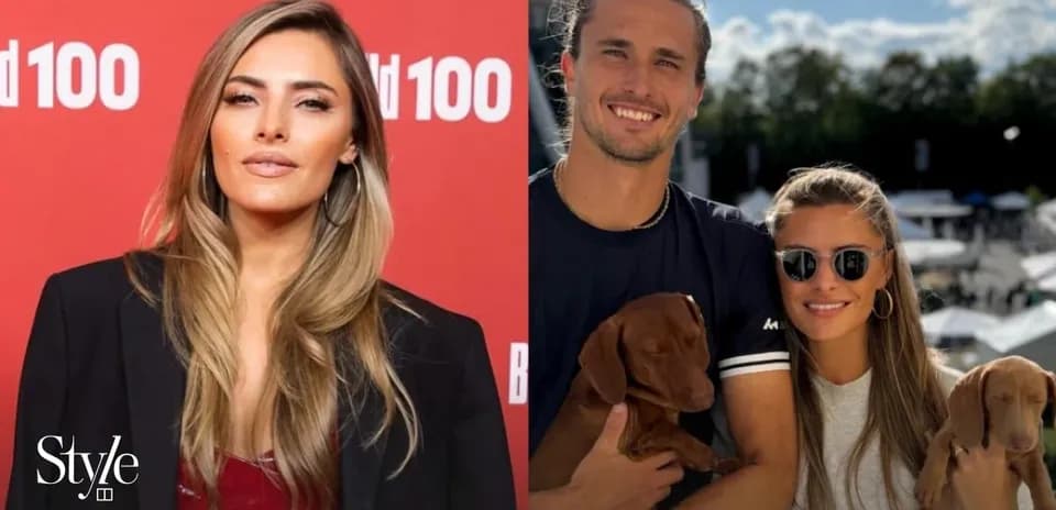 Woman posing at event and couple with puppies