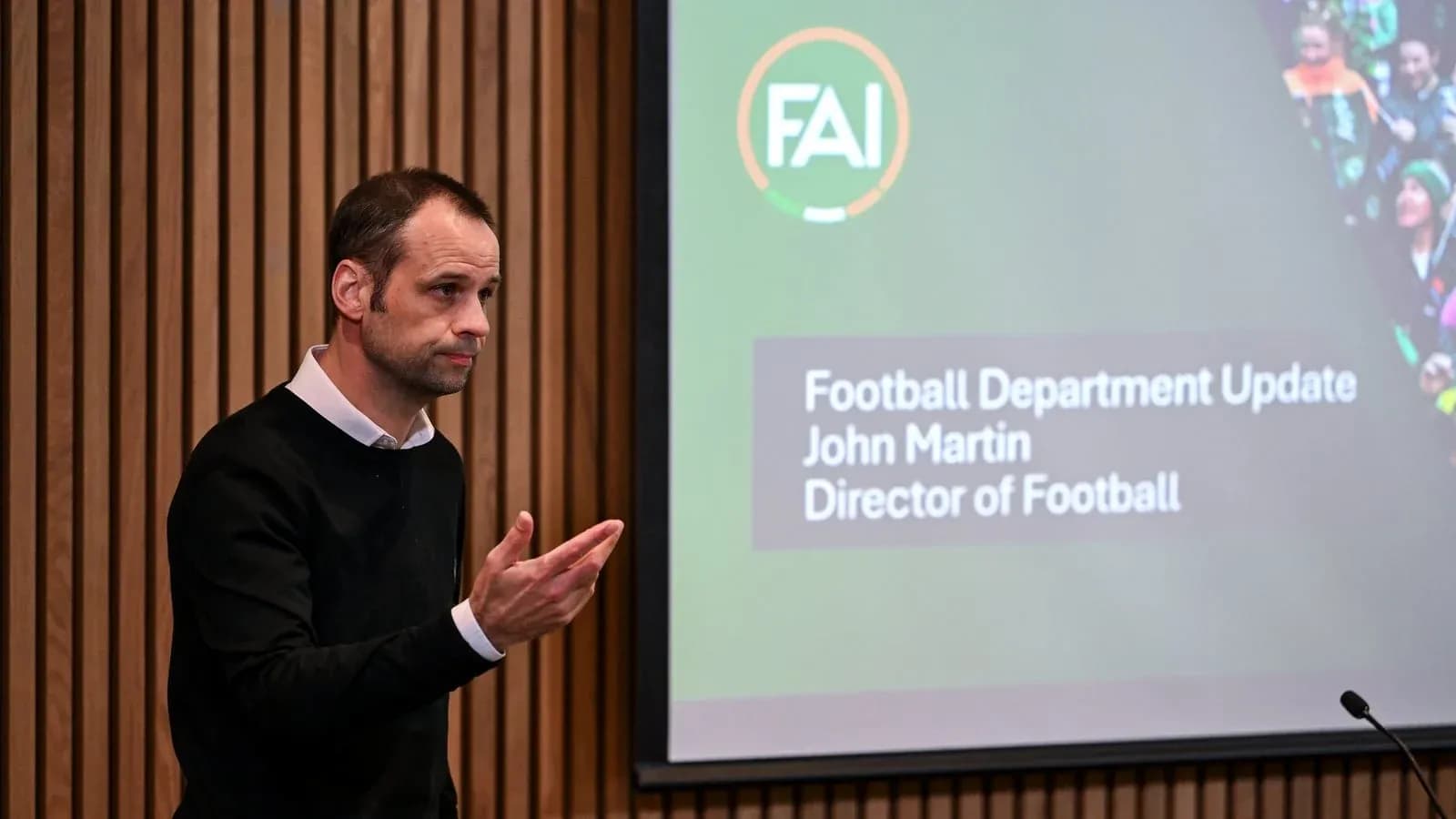 Man presenting at Football Department update event