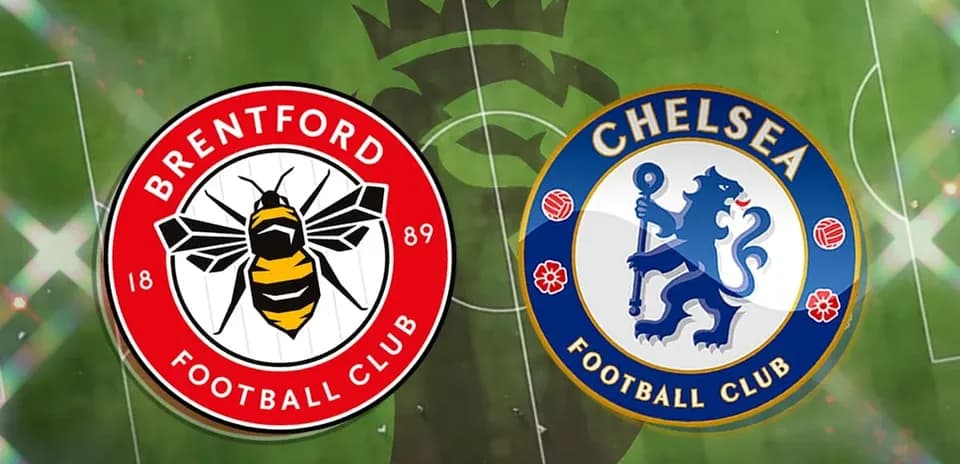 Brentford and Chelsea club logos on football pitch
