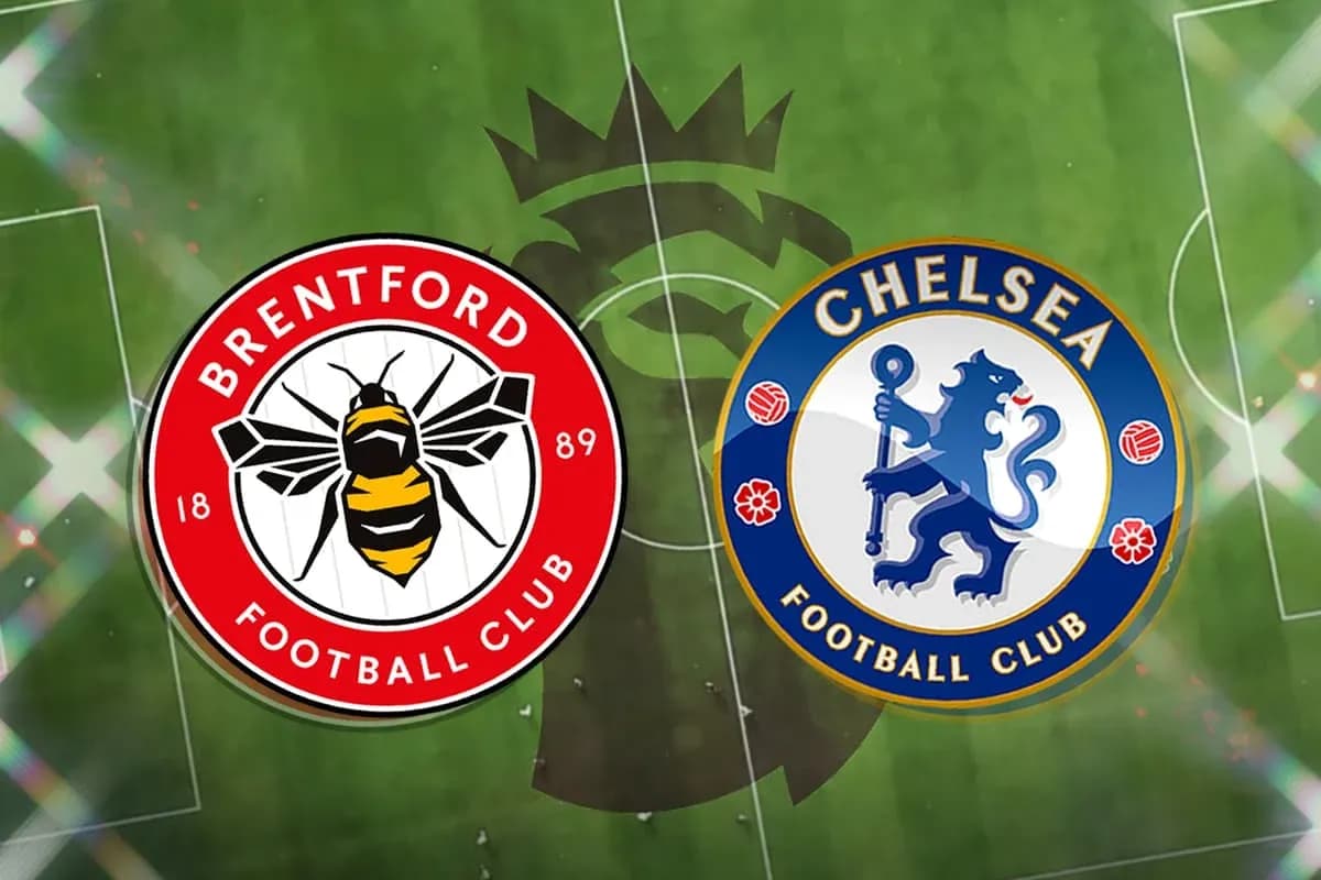 Brentford and Chelsea club logos on football pitch