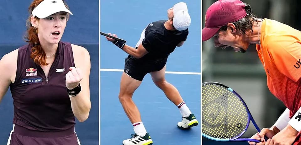 Three tennis players in action on the court