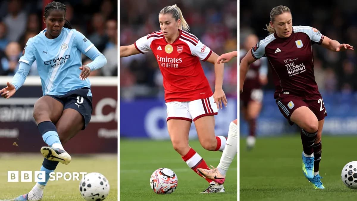 Three female football players in action on field